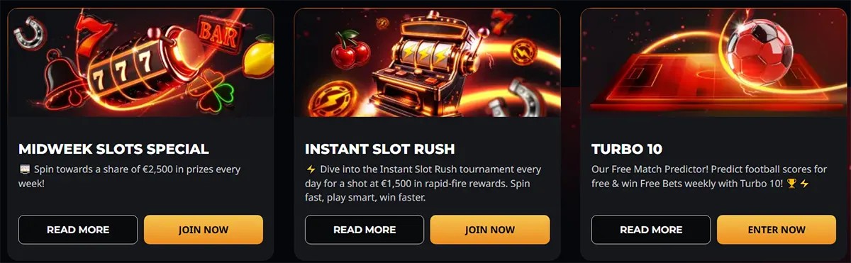 Promotional casino cards featuring a midweek slots special, an instant slot rush tournament, and the Turbo 10 football predictor, each with glowing neon-style artwork and bold yellow call-to-action buttons on a dark background.