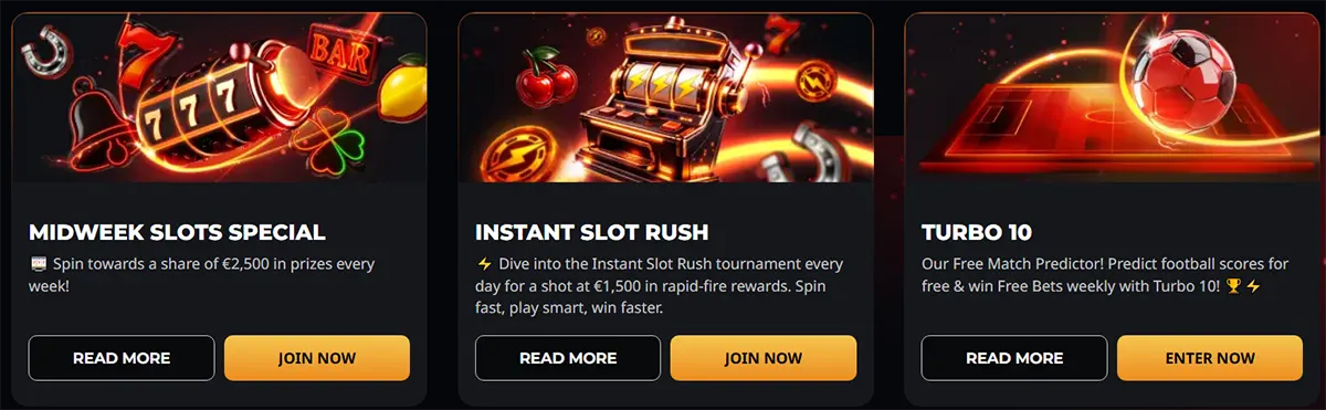 Promotional casino cards featuring a midweek slots special, an instant slot rush tournament, and the Turbo 10 football predictor, each with glowing neon-style artwork and bold yellow call-to-action buttons on a dark background.