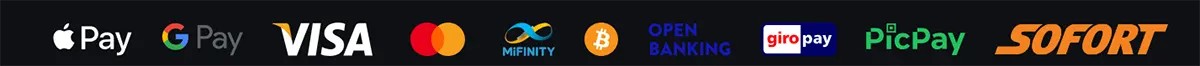 Payment methods row displaying Apple Pay, Google Pay, Visa, Mastercard, MiFinity, Bitcoin, Open Banking, Giropay, PicPay, and Sofort on a dark background.