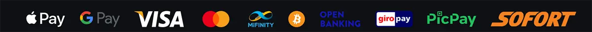 Payment methods row displaying Apple Pay, Google Pay, Visa, Mastercard, MiFinity, Bitcoin, Open Banking, Giropay, PicPay, and Sofort on a dark background.