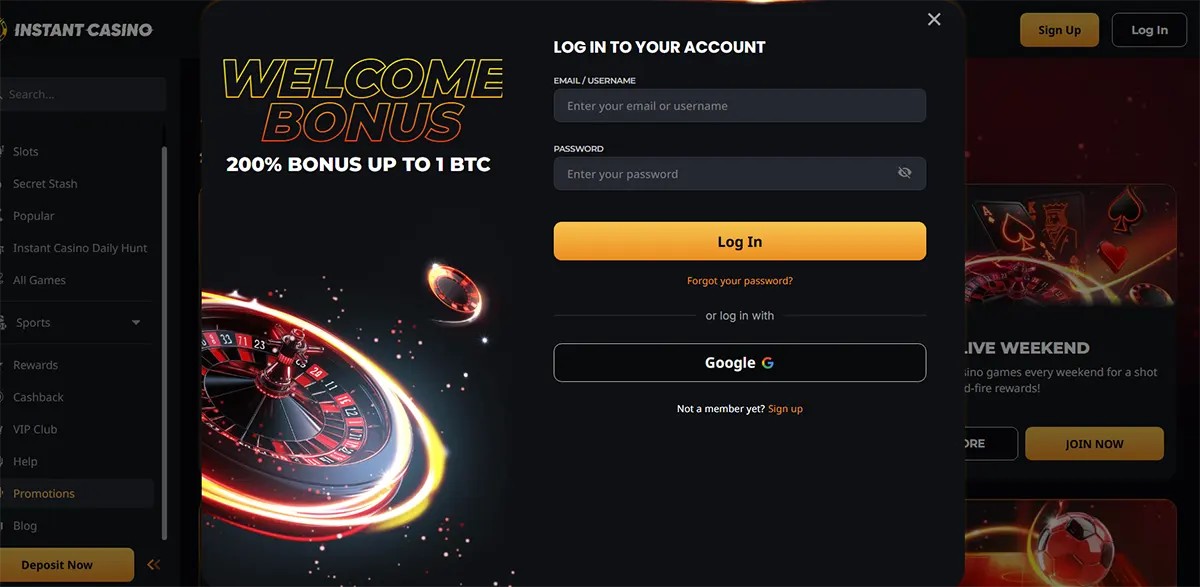 Casino login popup featuring a welcome bonus of 200% up to 1 BTC, with email or username and password fields, a yellow log in button, Google login option, and sign-up prompt on a dark casino interface.