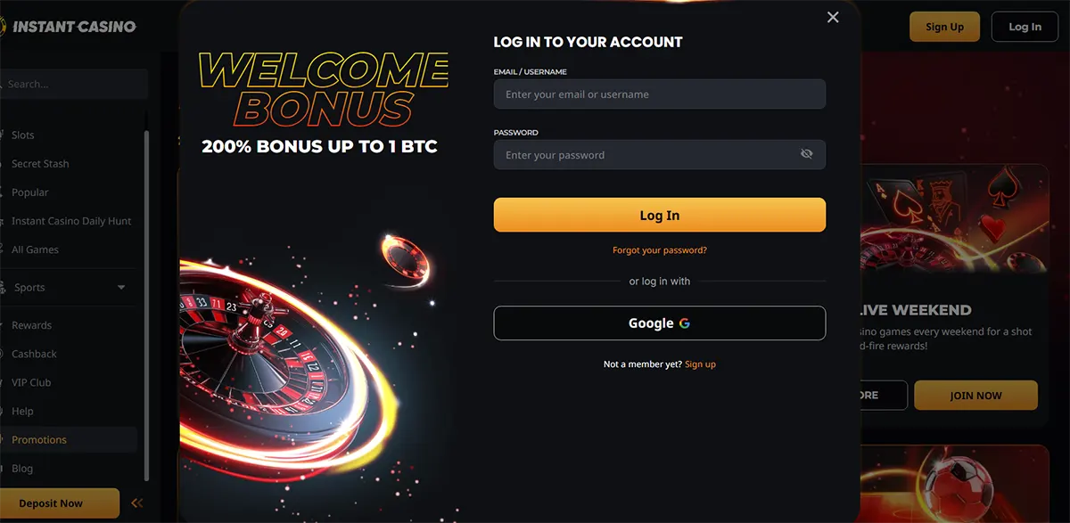 Casino login popup featuring a welcome bonus of 200% up to 1 BTC, with email or username and password fields, a yellow log in button, Google login option, and sign-up prompt on a dark casino interface.